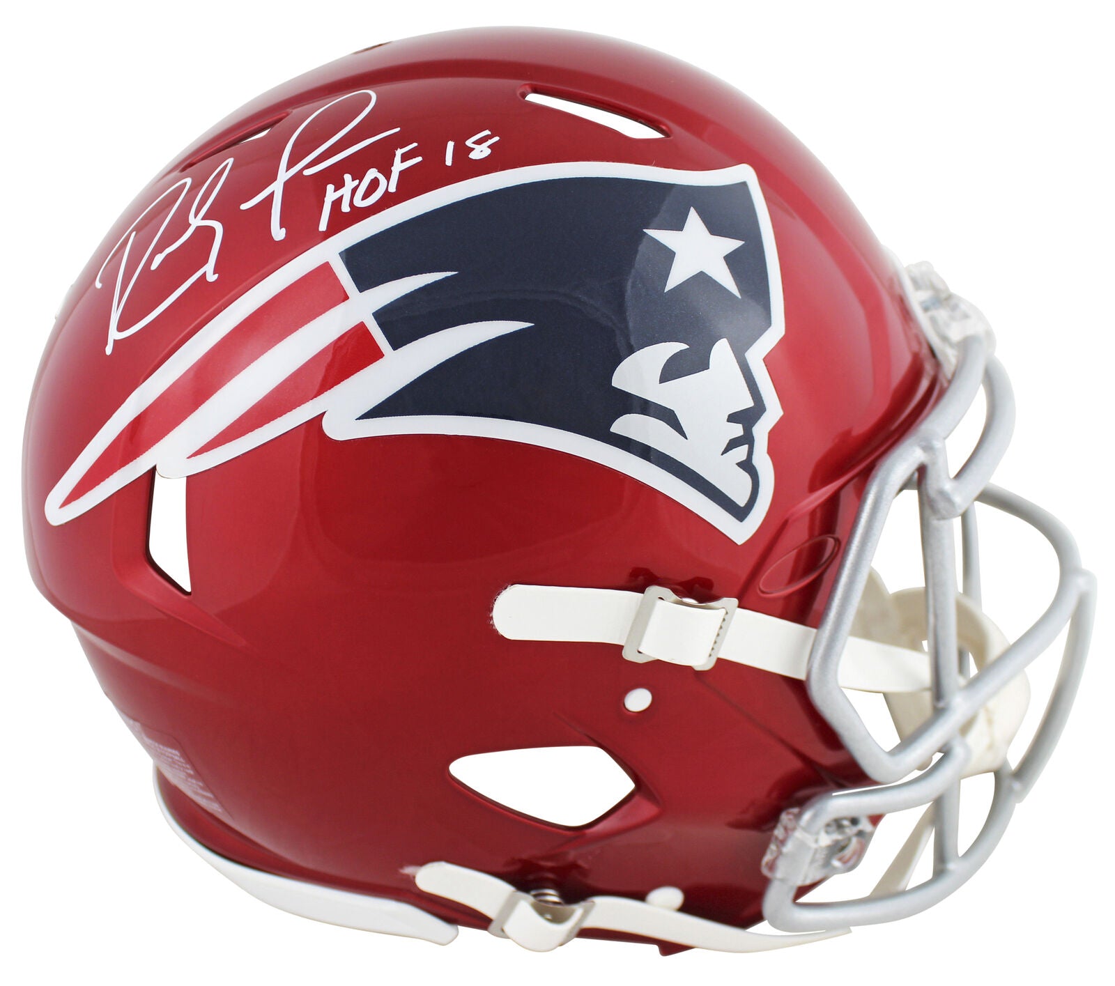 Patriots Randy Moss “HOF 18” Signed Flash Full Size Speed Proline Helmet BAS Wit