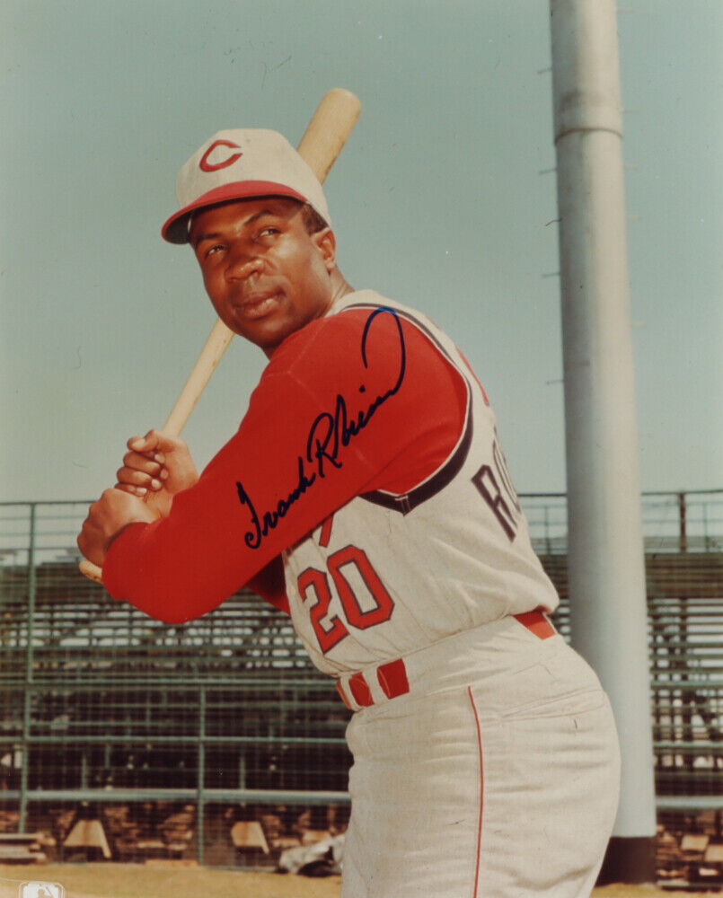 Frank Robinson Signed Cincinnati Reds 8×10 Photo (AutographCOA) 2xMVP A.L. & N.L